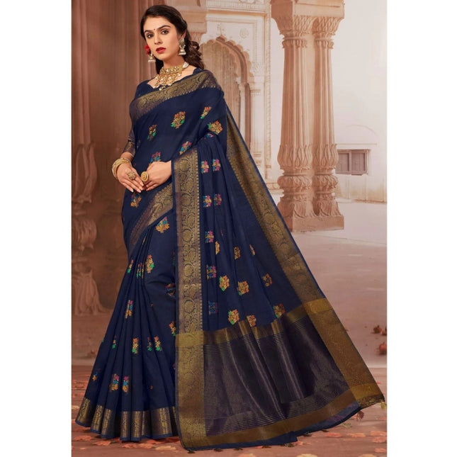 Rosolly Â Women's Chanderi Cotton Printed Saree With Unstitched Blouse (Navy Blue, 5-6 Mtrs)