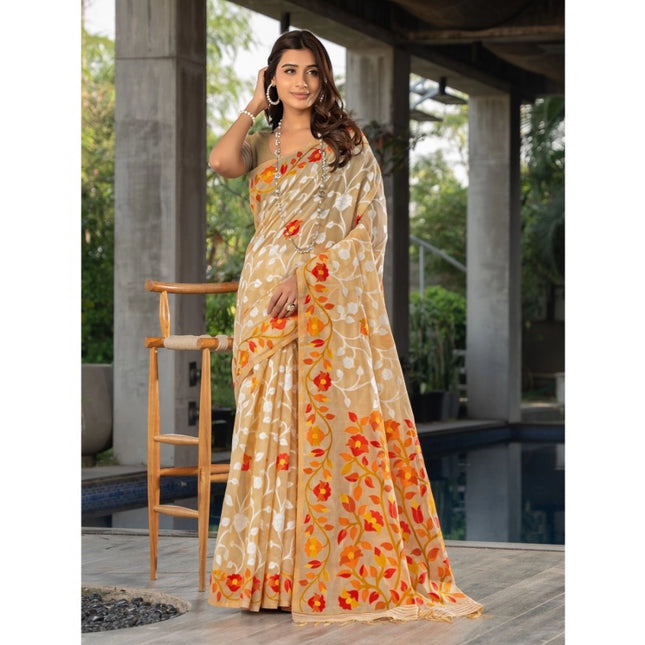 Rosolly  Women's Cotton Printed Saree With Unstitched Blouse (Beige, 5-6 Mtrs)
