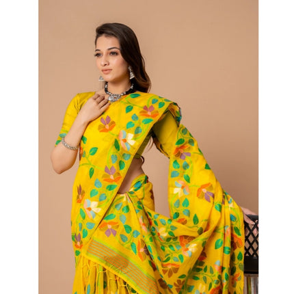 Rosolly  Women's Cotton Printed Saree With Unstitched Blouse (Yellow, 5-6 Mtrs)