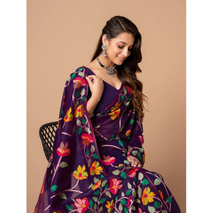 Rosolly  Women's Cotton Printed Saree With Unstitched Blouse (Wine, 5-6 Mtrs)