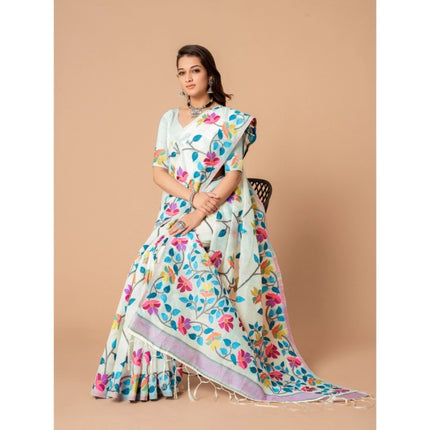 Rosolly  Women's Cotton Printed Saree With Unstitched Blouse (White, 5-6 Mtrs)