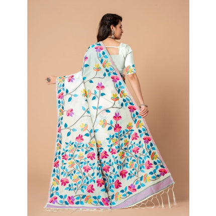 Rosolly  Women's Cotton Printed Saree With Unstitched Blouse (White, 5-6 Mtrs)