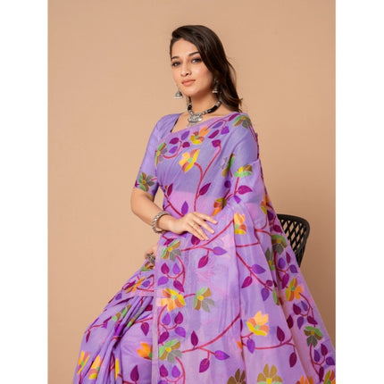 Rosolly  Women's Cotton Printed Saree With Unstitched Blouse (Lavender, 5-6 Mtrs)