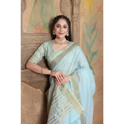 Rosolly  Women's Soft Linen Striped Saree With Unstitched Blouse (Sky Blue, 5-6 Mtrs)