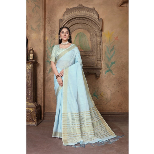 Rosolly  Women's Soft Linen Striped Saree With Unstitched Blouse (Sky Blue, 5-6 Mtrs)