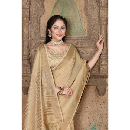 Rosolly  Women's Soft Linen Striped Saree With Unstitched Blouse (Beige, 5-6 Mtrs)