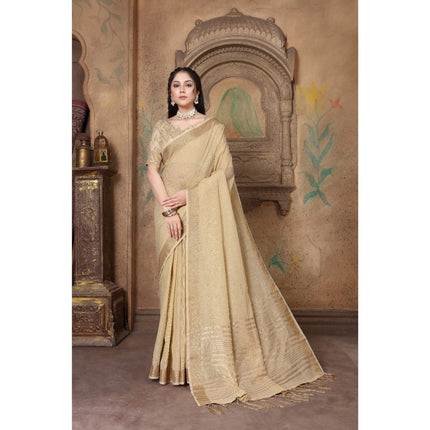 Rosolly  Women's Soft Linen Striped Saree With Unstitched Blouse (Beige, 5-6 Mtrs)