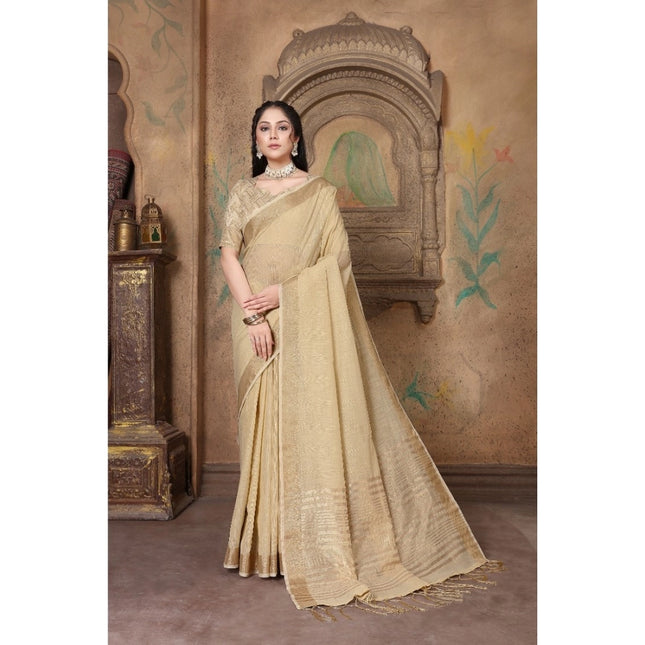 Rosolly  Women's Soft Linen Striped Saree With Unstitched Blouse (Beige, 5-6 Mtrs)