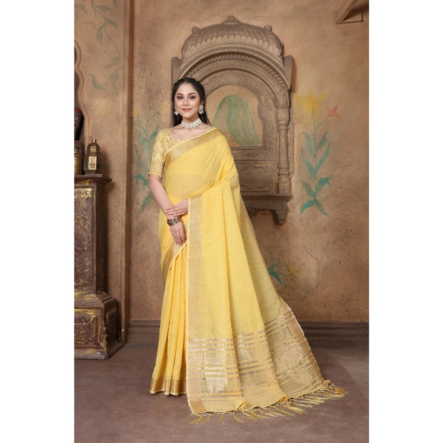 Rosolly  Women's Soft Linen Striped Saree With Unstitched Blouse (Yellow, 5-6 Mtrs)