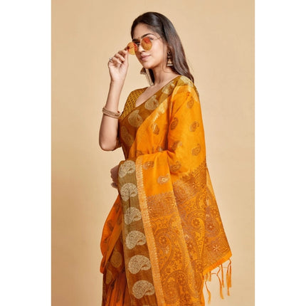 Rosolly  Women's Chanderi Cotton Printed Saree With Unstitched Blouse (Mustard, 5-6 Mtrs)