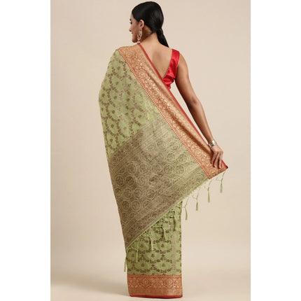 Rosolly  Women's Chanderi Cotton Printed Saree With Unstitched Blouse (Pista, 5-6 Mtrs)