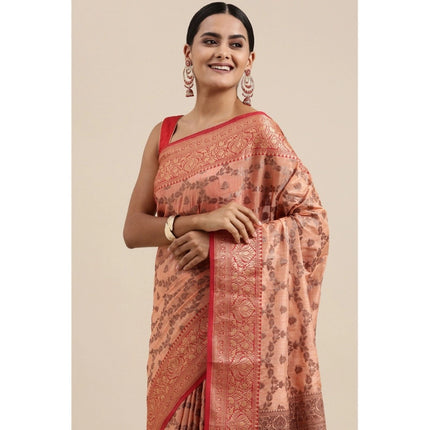Rosolly  Women's Chanderi Cotton Printed Saree With Unstitched Blouse (Peach, 5-6 Mtrs)