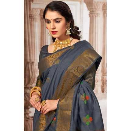 Rosolly Â Women's Linen Printed Saree With Unstitched Blouse (Grey, 5-6 Mtrs)