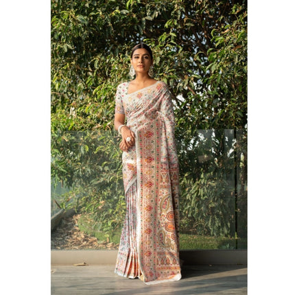Rosolly Â Women's Linen Printed Saree With Unstitched Blouse (Off-White, 5-6 Mtrs)