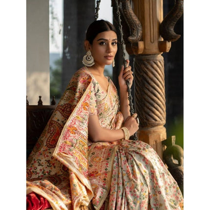 Rosolly Â Women's Linen Printed Saree With Unstitched Blouse (Beige, 5-6 Mtrs)