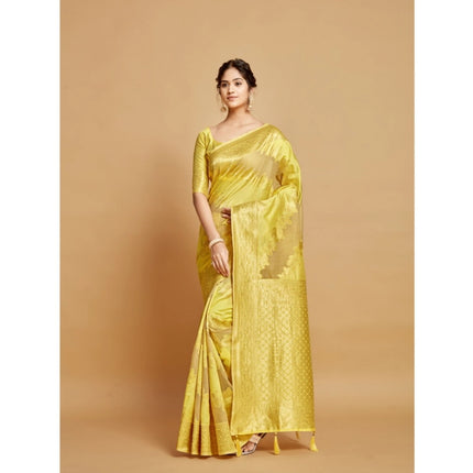 Rosolly Â Women's Linen Printed Saree With Unstitched Blouse (Yellow, 5-6 Mtrs)
