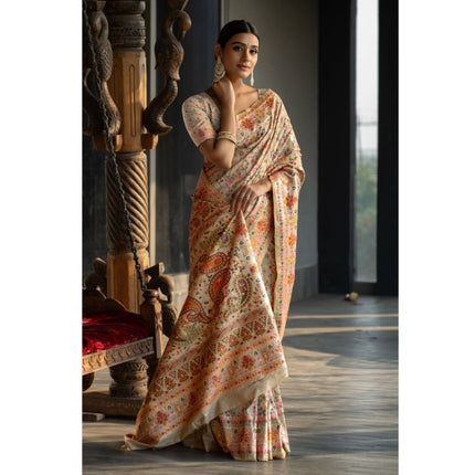 Rosolly Â Women's Linen Printed Saree With Unstitched Blouse (Beige, 5-6 Mtrs)