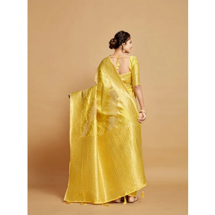 Rosolly Â Women's Linen Printed Saree With Unstitched Blouse (Yellow, 5-6 Mtrs)