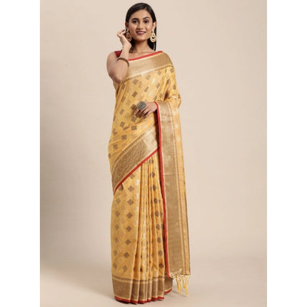Rosolly Â Women's Chanderi Cotton Printed Saree With Unstitched Blouse (Yellow, 5-6 Mtrs)