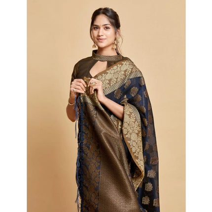 Rosolly Â Women's Chanderi Cotton Printed Saree With Unstitched Blouse (Navy, 5-6 Mtrs)