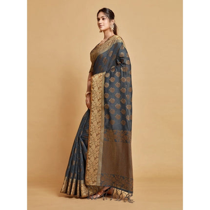 Rosolly Â Women's Chanderi Cotton Printed Saree With Unstitched Blouse (Grey, 5-6 Mtrs)