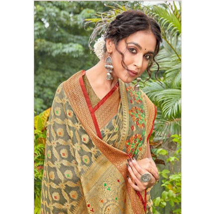 Rosolly Â Women's Organza Printed Saree With Unstitched Blouse (Grey, 5-6 Mtrs)