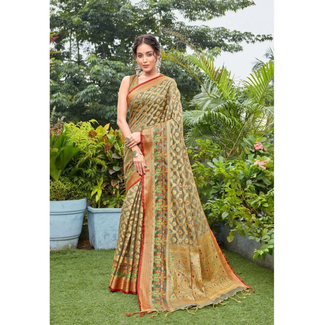 Rosolly Â Women's Organza Printed Saree With Unstitched Blouse (Grey, 5-6 Mtrs)