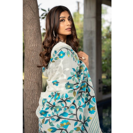 Rosolly Â Women's Cotton Printed Saree With Unstitched Blouse (White, 5-6 Mtrs)