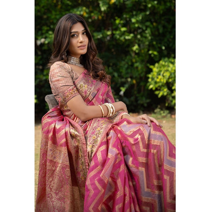 Rosolly Â Women's Organza Printed Saree With Unstitched Blouse (Pink, 5-6 Mtrs)