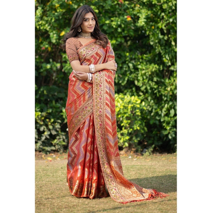 Rosolly Â Women's Organza Printed Saree With Unstitched Blouse (Orange, 5-6 Mtrs)