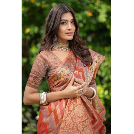 Rosolly Â Women's Organza Printed Saree With Unstitched Blouse (Orange, 5-6 Mtrs)