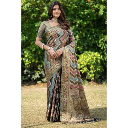 Rosolly Â Women's Organza Printed Saree With Unstitched Blouse (Grey, 5-6 Mtrs)