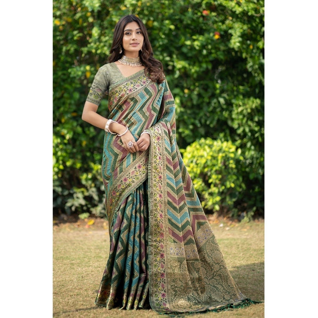 Rosolly Â Women's Organza Printed Saree With Unstitched Blouse (Green, 5-6 Mtrs)