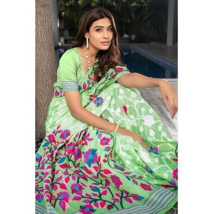 Rosolly  Women's Cotton Printed Saree With Unstitched Blouse (Green, 5-6 Mtrs)