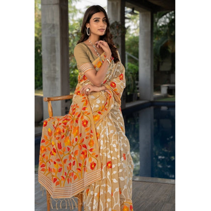 Rosolly  Women's Cotton Printed Saree With Unstitched Blouse (Beige, 5-6 Mtrs)