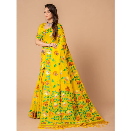Rosolly  Women's Cotton Printed Saree With Unstitched Blouse (Yellow, 5-6 Mtrs)