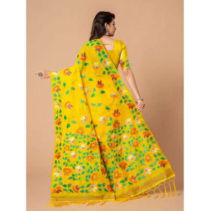 Rosolly  Women's Cotton Printed Saree With Unstitched Blouse (Yellow, 5-6 Mtrs)
