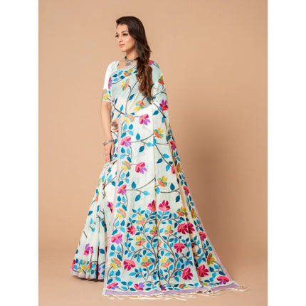 Rosolly  Women's Cotton Printed Saree With Unstitched Blouse (White, 5-6 Mtrs)