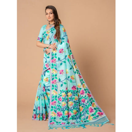 Rosolly  Women's Cotton Printed Saree With Unstitched Blouse (Sky Blue, 5-6 Mtrs)