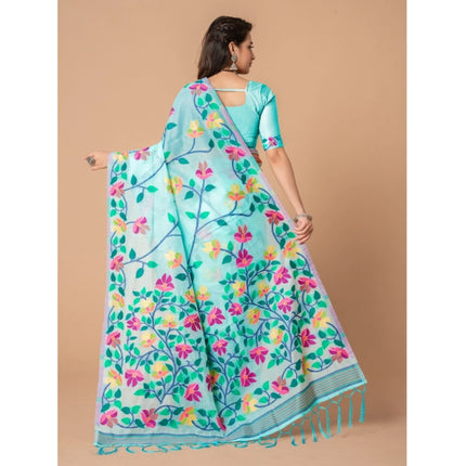 Rosolly  Women's Cotton Printed Saree With Unstitched Blouse (Sky Blue, 5-6 Mtrs)