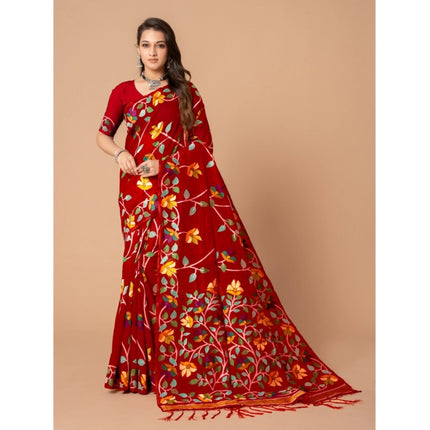 Rosolly  Women's Cotton Printed Saree With Unstitched Blouse (Red, 5-6 Mtrs)