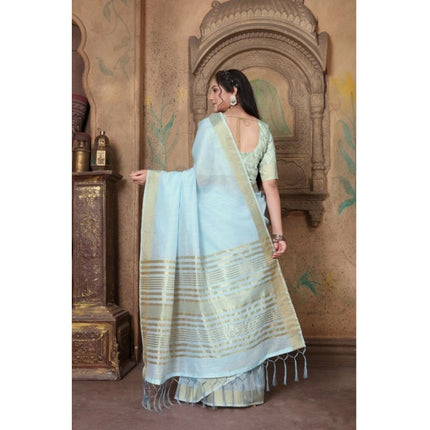 Rosolly  Women's Soft Linen Striped Saree With Unstitched Blouse (Sky Blue, 5-6 Mtrs)
