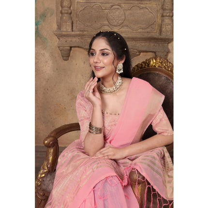 Rosolly  Women's Soft Linen Striped Saree With Unstitched Blouse (PInk, 5-6 Mtrs)