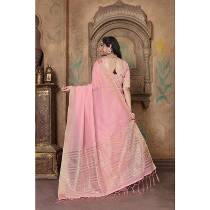 Rosolly  Women's Soft Linen Striped Saree With Unstitched Blouse (PInk, 5-6 Mtrs)