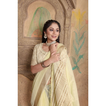 Rosolly  Women's Soft Linen Striped Saree With Unstitched Blouse (Off-White, 5-6 Mtrs)