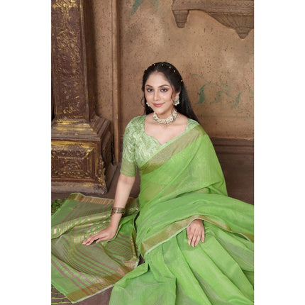 Rosolly  Women's Soft Linen Striped Saree With Unstitched Blouse (Green, 5-6 Mtrs)