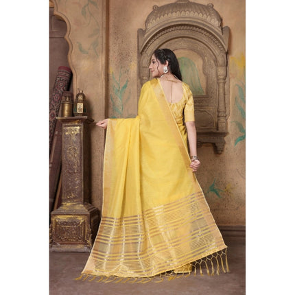 Rosolly  Women's Soft Linen Striped Saree With Unstitched Blouse (Yellow, 5-6 Mtrs)