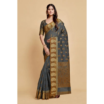 Rosolly  Women's Chanderi Cotton Printed Saree With Unstitched Blouse (Grey, 5-6 Mtrs)