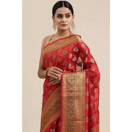 Rosolly  Women's Organza Printed Saree With Unstitched Blouse (Red, 5-6 Mtrs)