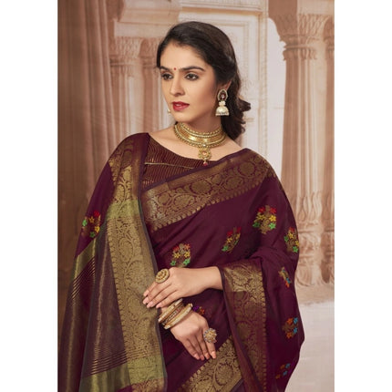 Rosolly Â Women's Chanderi Cotton Printed Saree With Unstitched Blouse (Maroon, 5-6 Mtrs)